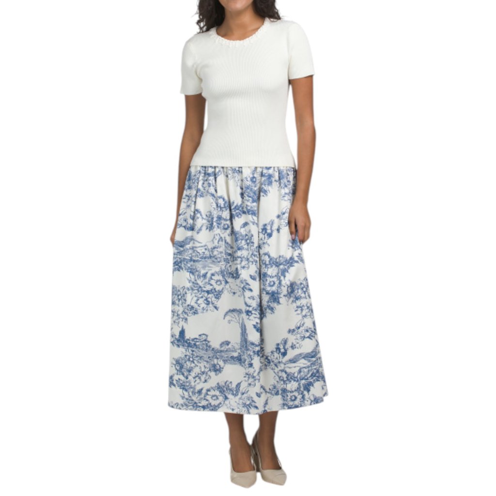 Marled Multi 2pc Ribbed Sweater With Printed Poplin Skirt Set